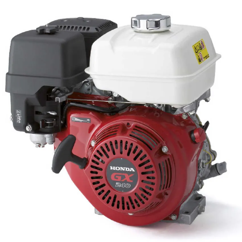 Honda Двигател GX240UT2-QX-E4-OH Хоризонтален вал 25.4 мм шпонка, вътрешна резба 7/16-20UNF, електрически старт, газ-лост, с тих въздушен филтър, с датчик за масло, без дефлектор, без искроуловител, зареждане 1А, червен цвят
