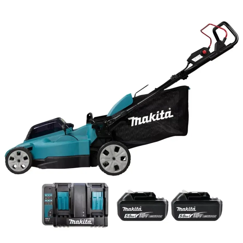 Акумулаторна косачка Makita DLM480CT2, LXT, 18+18 V, 2х5 Ah, 48 см, 800 м², с мулчиране, 2 батерии и зарядно