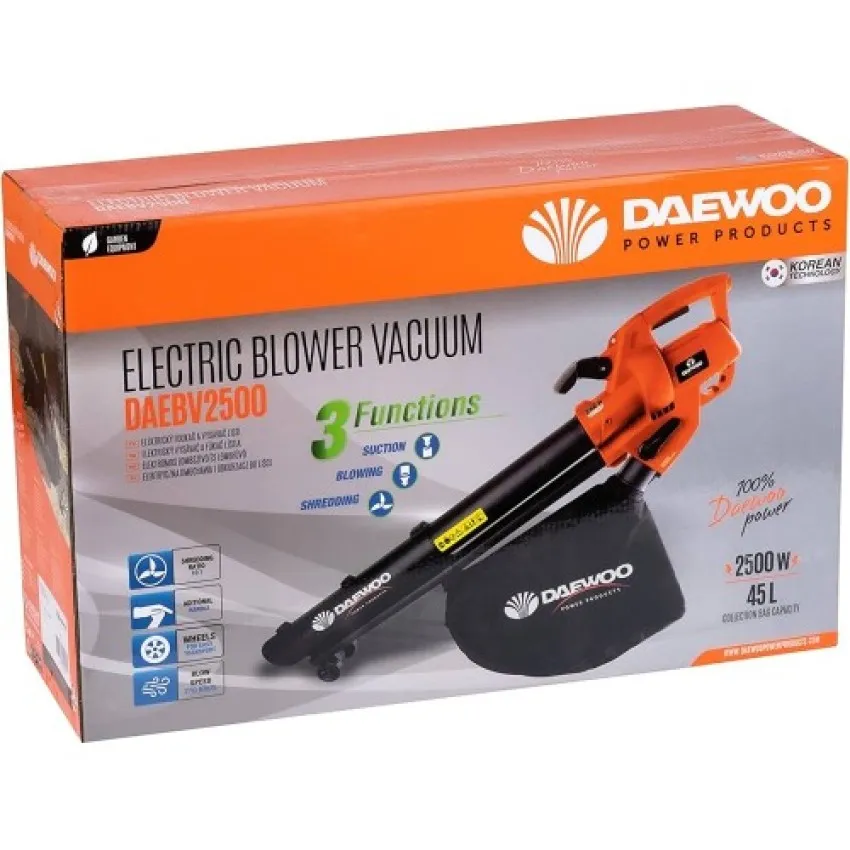 Daewoo DAEBV45L – Електрически листосъбирач 2500 W, 45 л, 13.5 м³/мин