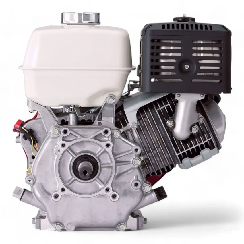 Honda Двигател GX390UT2X-SW-A4-SD Хоризонтален вал 25 мм шпонка, вътрешна резба М8х1.25, газ-лост, с тих въздушен филтър, с датчик за масло, без дефлектор, с протектор на ауспуха, с искроуловител, червен цвят