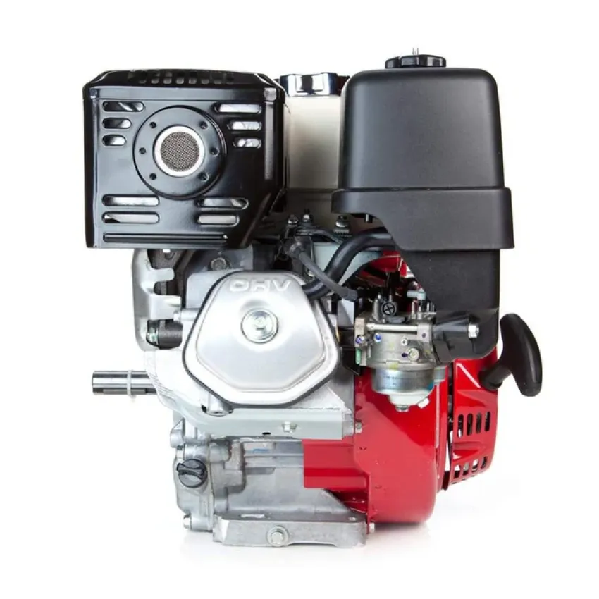 Honda Двигател GX390UT2X-SW-A4-SD Хоризонтален вал 25 мм шпонка, вътрешна резба М8х1.25, газ-лост, с тих въздушен филтър, с датчик за масло, без дефлектор, с протектор на ауспуха, с искроуловител, червен цвят